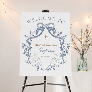 Baptism elegant blue bow welcome sign