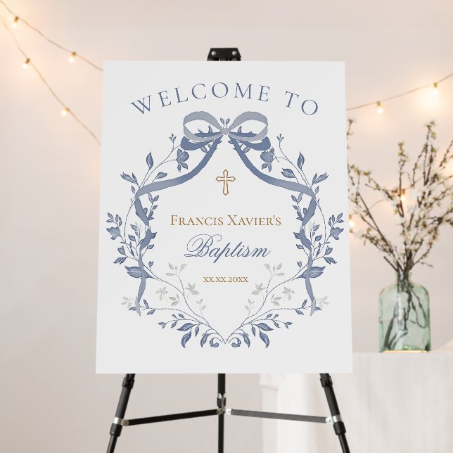 Baptism elegant blue bow welcome sign (In Situ (Stand))