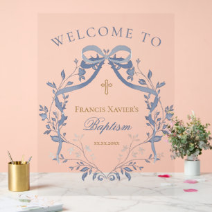 Baptism elegant blue bow welcome sign