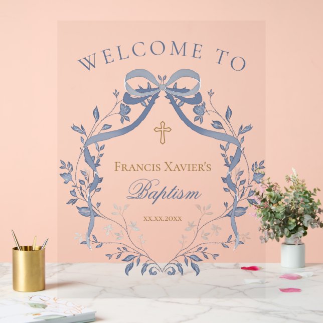 Baptism elegant blue bow welcome sign (Wedding)