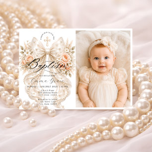 Baptism Elegant Bow Floral Photo Invitation