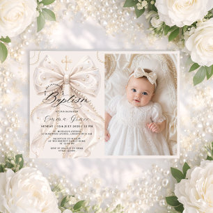 Baptism Elegant Bow Photo Invitation