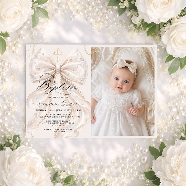 Baptism Elegant Bow Photo Invitation (Creator Uploaded)