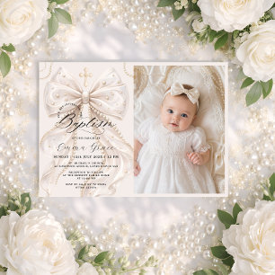 Baptism Elegant Bow Photo Invitation