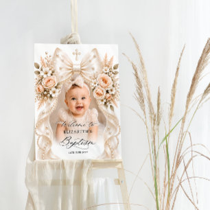Baptism Elegant Floral Bow and Pearl Photo Welcome Foam Board