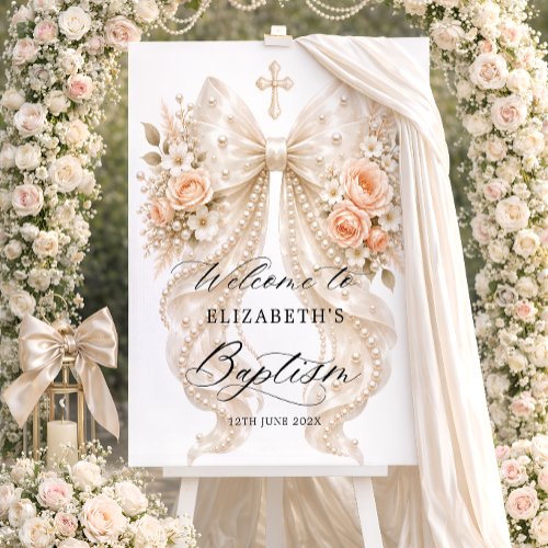 Baptism Elegant Floral Bow and Pearl Welcome Foam Board