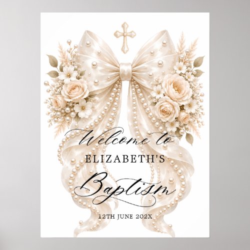Baptism Elegant Floral Bow and Pearl Welcome Poster