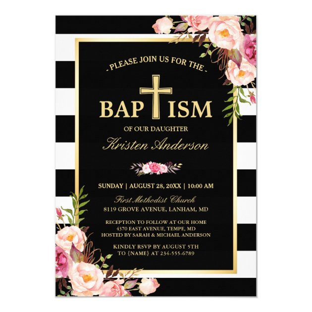 Baptism - Elegant Floral Gold Black White Stripes Invitation