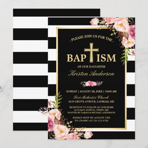 Baptism - Elegant Floral Gold Black White Stripes Card