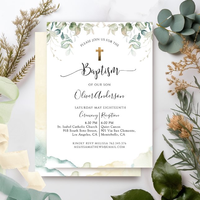 Baptism, Elegant Greenery and Watercolor Boy/Girl Invitation (Creator Uploaded)