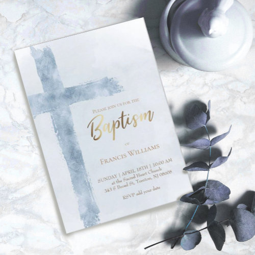 Baptism elegant modern blue watercolor cross  invitation