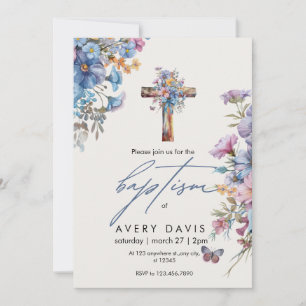 Baptism elegant modern blue watercolor cross invitation