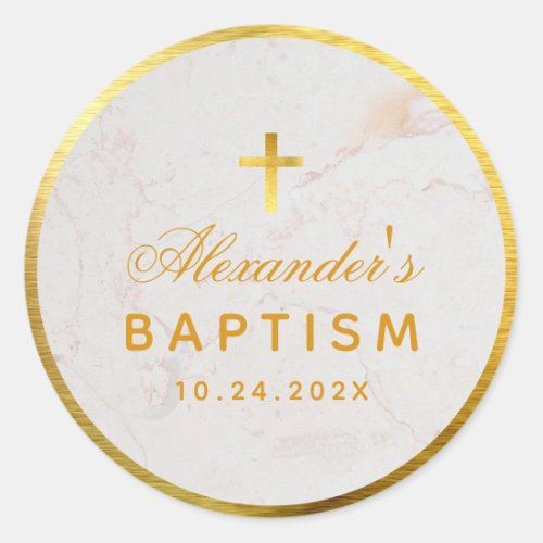 Baptism Elegant Script Faux Gold Foil Cross Marble Classic Round Sticker