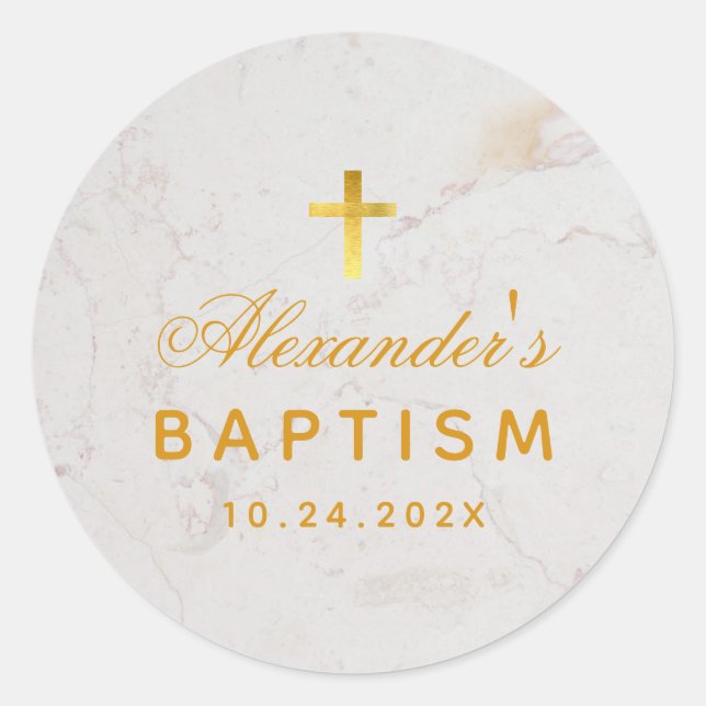 Baptism Elegant Script Faux Gold Foil Cross Marble Classic Round Sticker (Front)