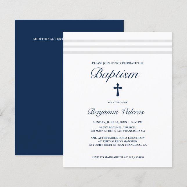 BAPTISM Elegant Striped gray navy Cross Budget (Front/Back)