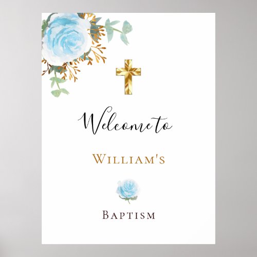 Baptism eucalyptus blue floral boy welcome poster