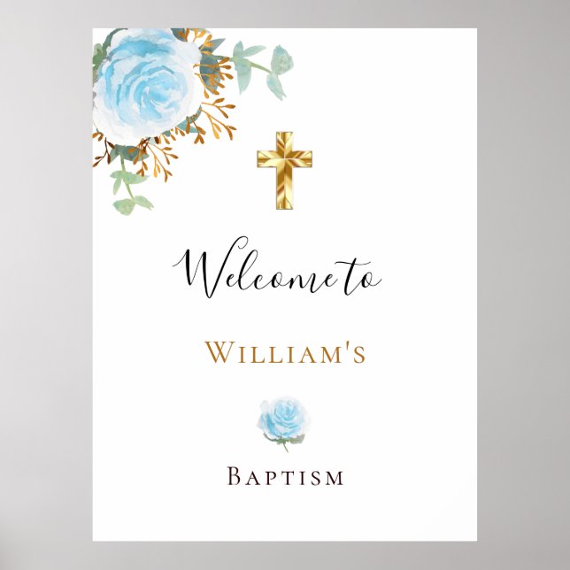Baptism eucalyptus blue floral boy welcome poster (Front)