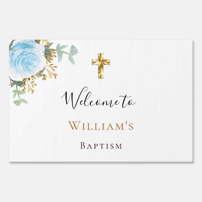 Baptism eucalyptus blue floral boy welcome  sign (Front)