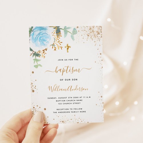 Baptism eucalyptus blue floral budget invitation flyer