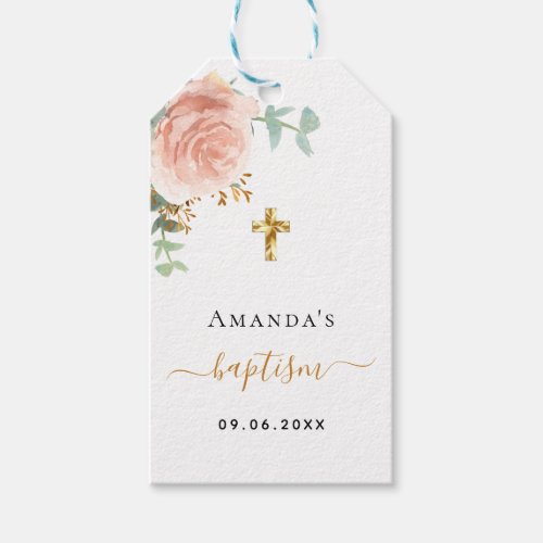 Baptism eucalyptus blush pink rose gold girl gift tags