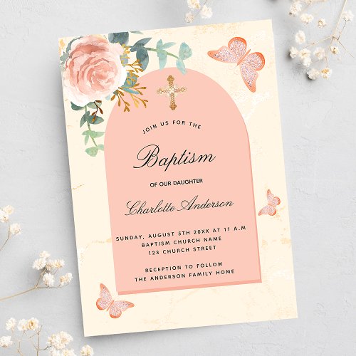 Baptism eucalyptus blush rose floral butterflies invitation