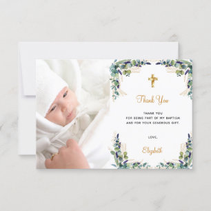Baptism eucalyptus custom photo white gold thank you card