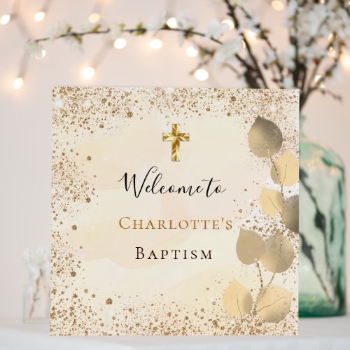 Baptism eucalyptus glitter gold monogram welcome foam board