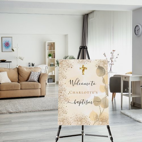 Baptism eucalyptus glitter gold monogram welcome foam board