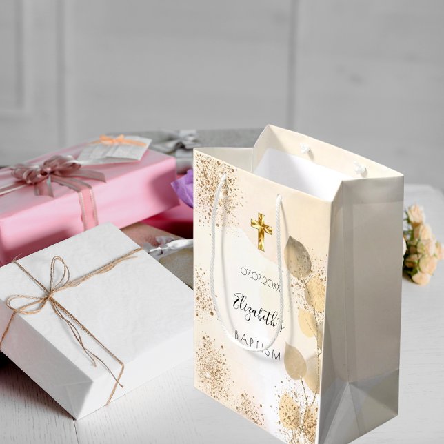 Baptism eucalyptus glitter golden monogram medium gift bag (Creator Uploaded)