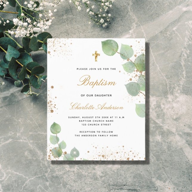 Baptism eucalyptus gold blush invitation (Creator Uploaded)