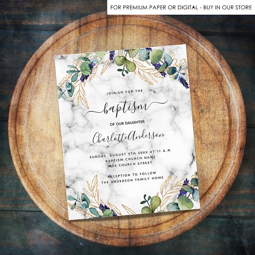 Baptism eucalyptus gold marble budget invitation flyer
