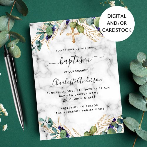 Baptism eucalyptus gold marble invitation