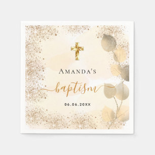 Baptism eucalyptus golden glitter monogram napkins