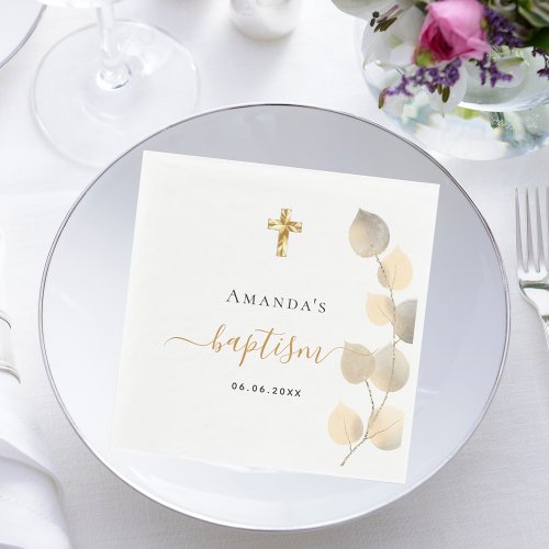 Baptism eucalyptus golden name napkins