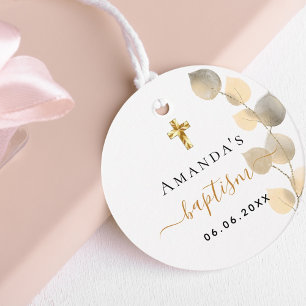 Baptism eucalyptus golden white cross favor tags
