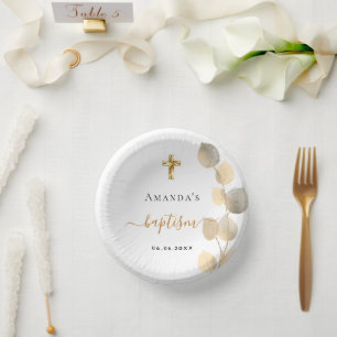 Baptism eucalyptus golden white elegant paper bowls