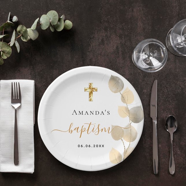 Baptism eucalyptus golden white elegant paper plates (Creator Uploaded)