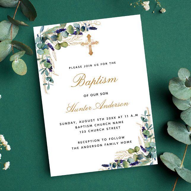 Baptism eucalyptus greenery blue boy invitation postcard (Creator Uploaded)