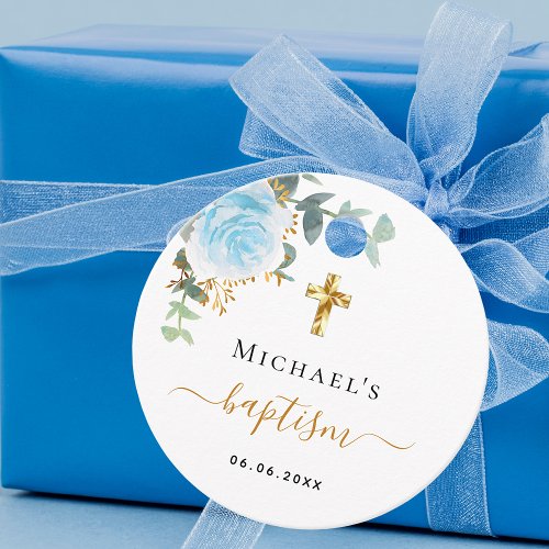 Baptism eucalyptus greenery blue floral boy favor tags