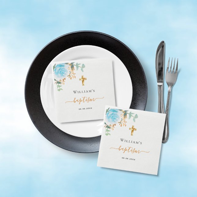 Baptism eucalyptus greenery blue floral boy napkins (Creator Uploaded)