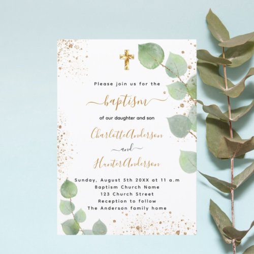 Baptism eucalyptus greenery cross script twins invitation