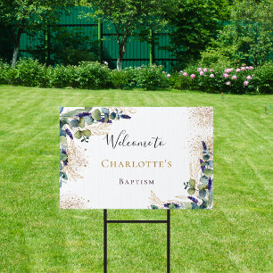 Baptism eucalyptus greenery elegant welcome sign