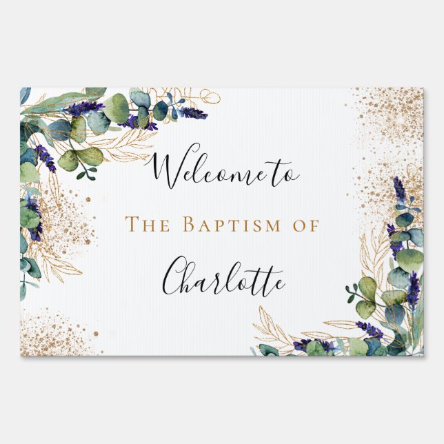 Baptism eucalyptus greenery elegant welcome sign (Front)