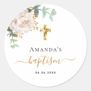 Baptism eucalyptus greenery floral gold cross classic round sticker
