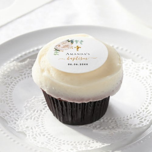 Baptism eucalyptus greenery floral gold cross edible frosting rounds