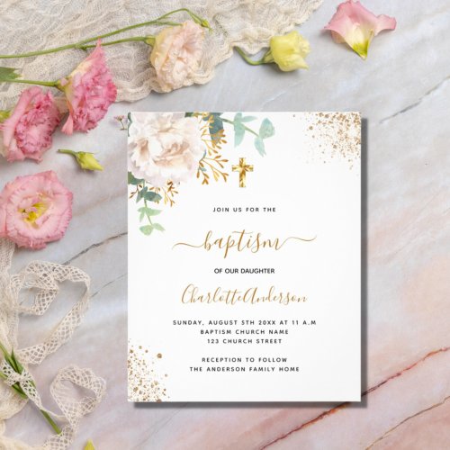 Baptism eucalyptus greenery floral gold cross invitation