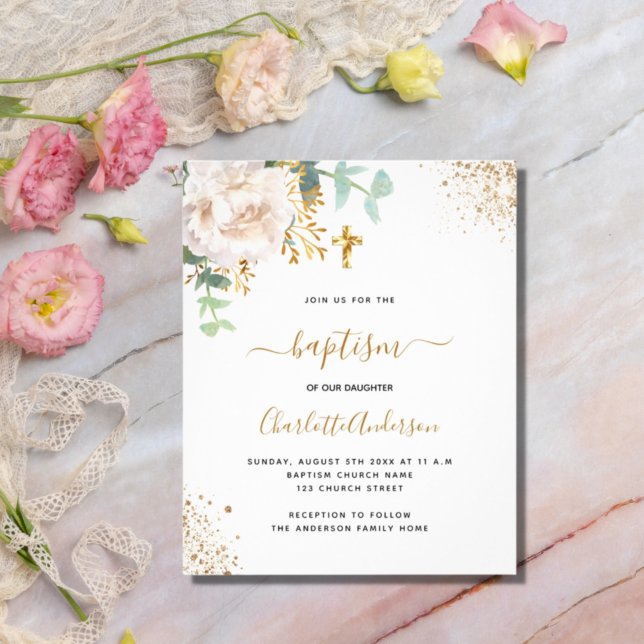 Baptism eucalyptus greenery floral gold cross invitation postcard (Creator Uploaded)