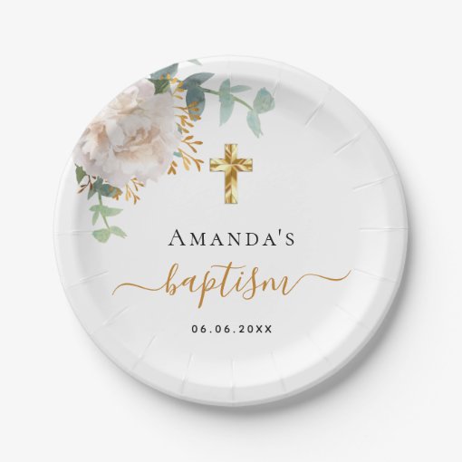 Baptism eucalyptus greenery floral gold cross paper plates Zazzle