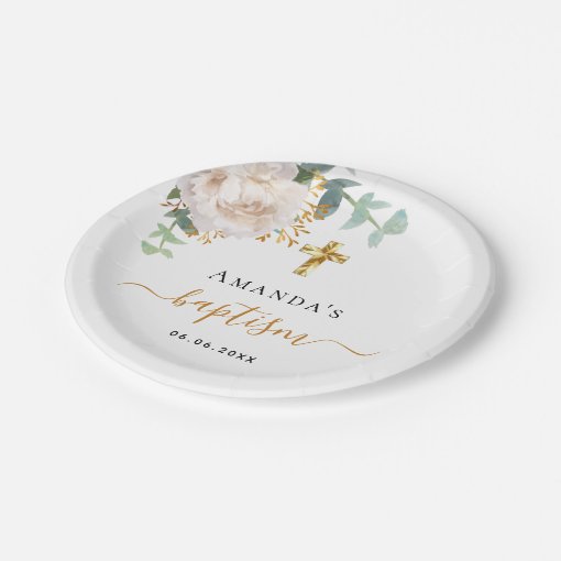 Baptism eucalyptus greenery floral gold cross paper plates Zazzle