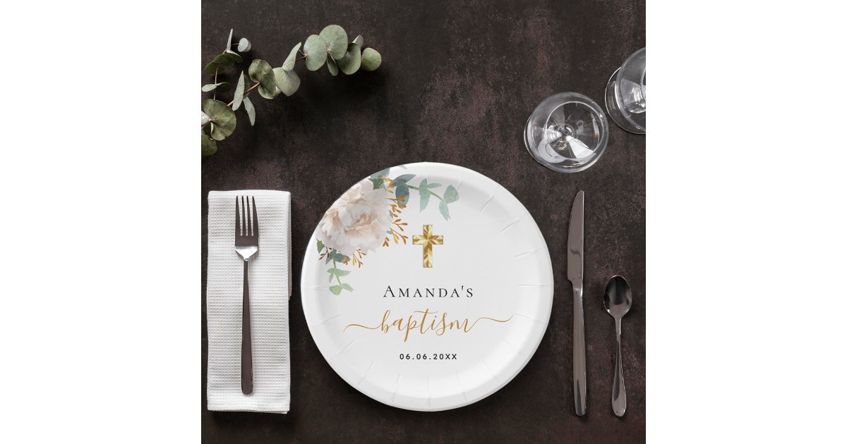 Baptism eucalyptus greenery floral gold cross paper plates Zazzle